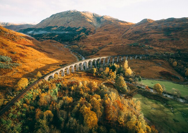 Aerial view of Glenfinnan Viaduct in Fort William