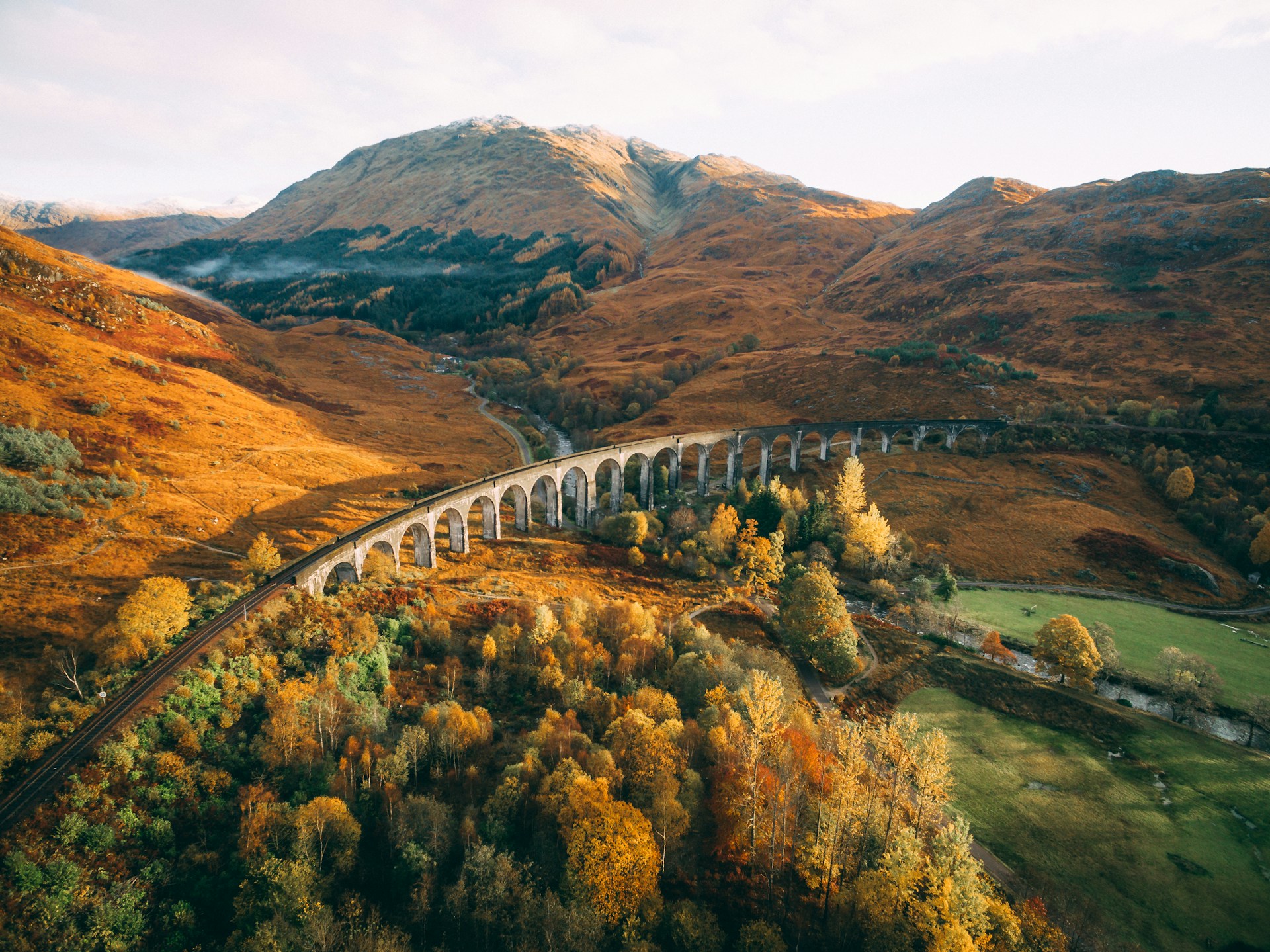 Aerial view of Glenfinnan Viaduct in Fort William
